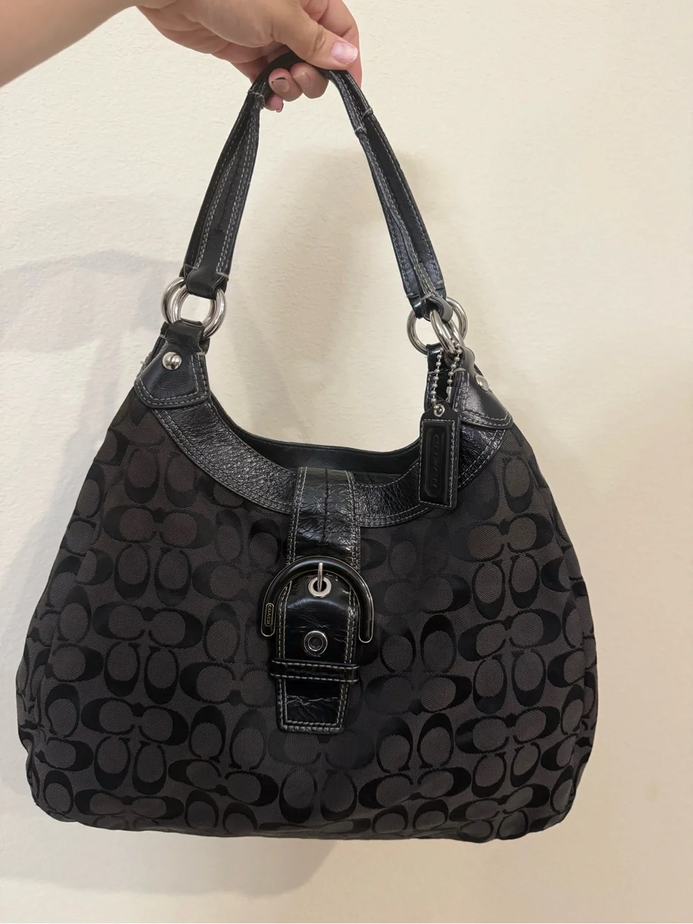 Coach Black Signature Soho Hobo Canvas Shoulder Bag with Buckle Detail